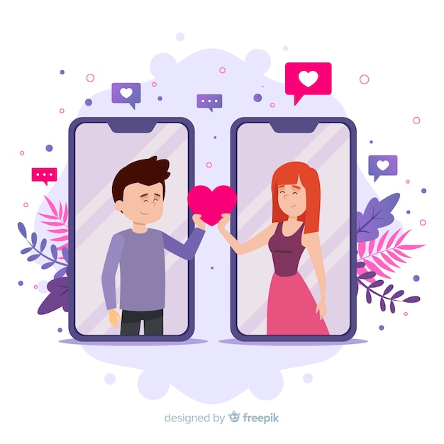 Free vector dating app concept with boy and girl receiving a heart