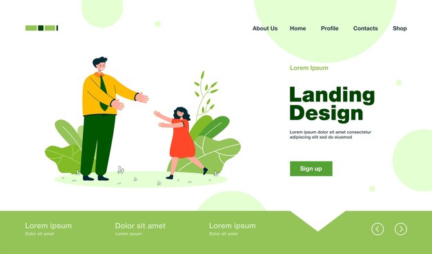 Daughter greeting father after work landing page in flat style