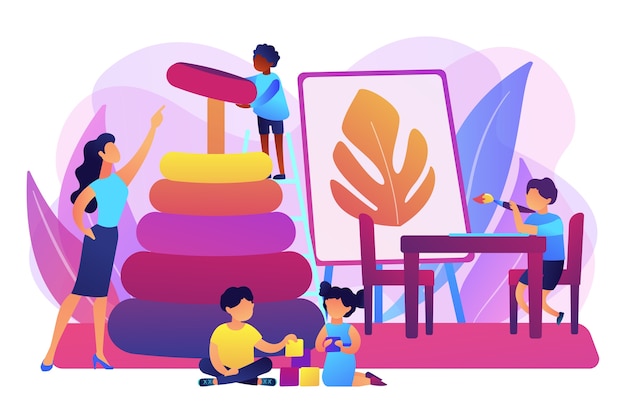 Day care center, kindergarten pupils and tutor. Primary education. Nursery school, high quality preschool program, private nursery near you concept. Bright vibrant violet  isolated illustration