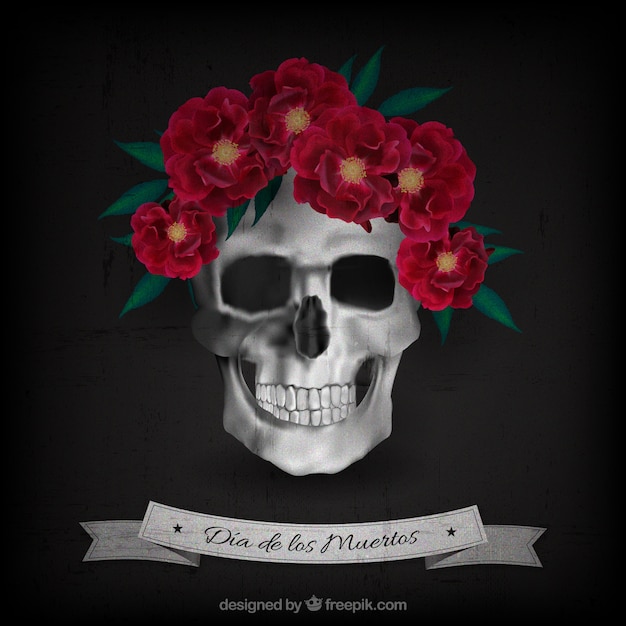 Free vector day of the dead background of skull with realistic flowers