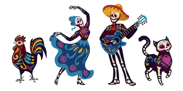 Day of the dead, Dia de los muertos characters dancing Catrina or mariachi musician