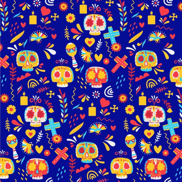 Day of the dead pattern with colorful skulls