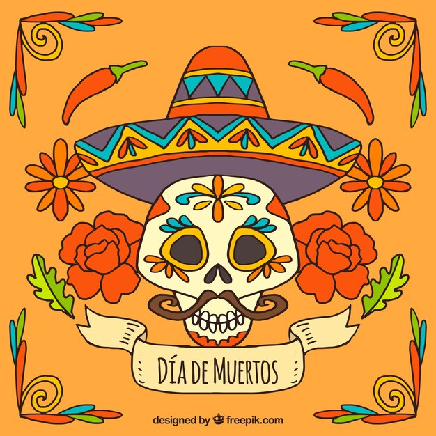 Day of the dead skull background with mexican hat