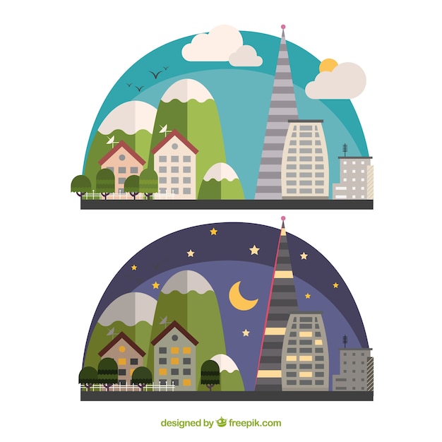 Free Vector day and night cityscapes