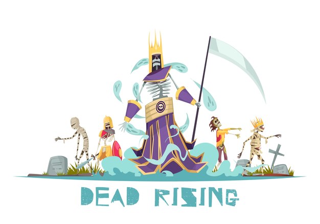 Dead rising spooky design concept with ghosts walking around cemetery between graves with crosses  illustration