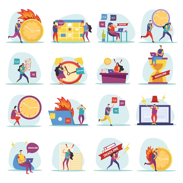 Free Vector deadline flat icons with hurrying and worried human characters during work isolated