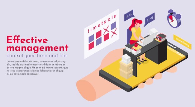 Deadline isometric illustration of workspace timetable and human hand