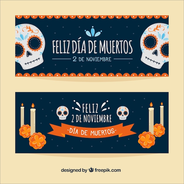 Free Vector deads' day banners with skulls and candles