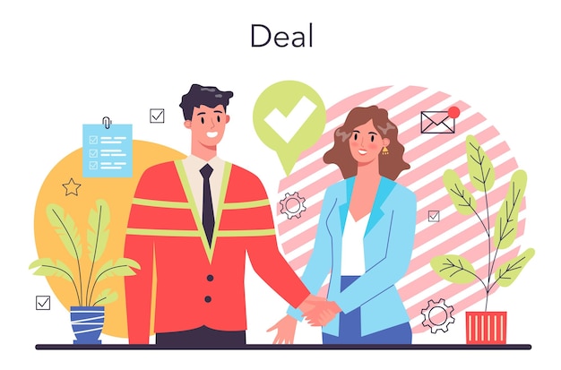 Free vector deal concept official contract and business handshake idea of partnership cooperation and corporate business development isolated vector cartoon illustration