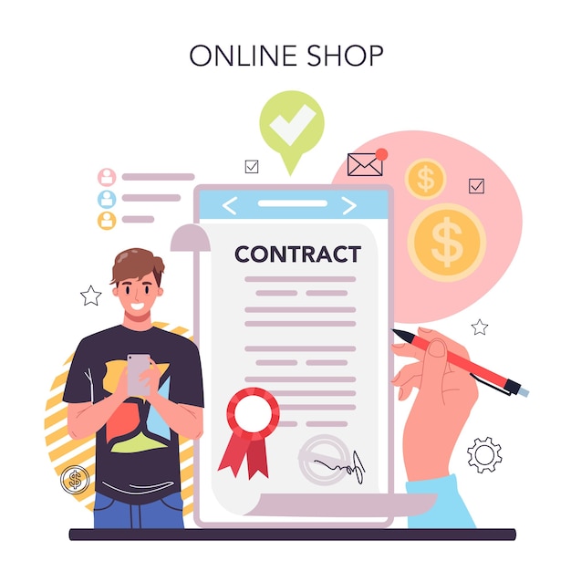 Deal online service or platform Official contract and business handshake Idea of partnership cooperation and business leadership Online shop Vector flat illustration