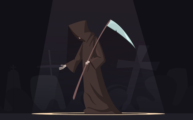 Free Vector death with scythe traditional black-hooded grim reaper symbolic figure in spotlight dark background 