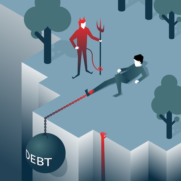 Free Vector debt takes off man over a cliff. load pulls into the abyss. bankruptcy, liabilities. vector illustration