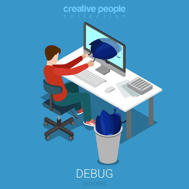 Debug process developer programmer code analytic flat isometric concept