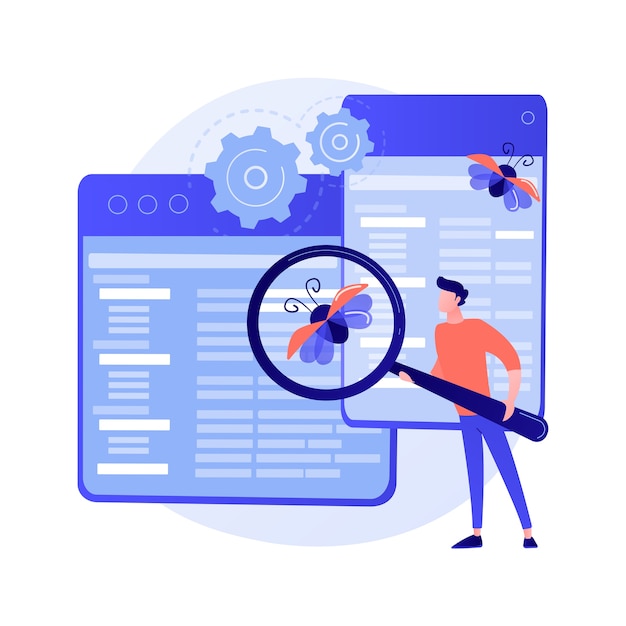 Debugging firewall. Antivirus scanning. Malware fixing. Virus attack, trojan search, bugs detection. System protection. Threat diagnostic. Crash tester. Vector isolated concept metaphor illustration.