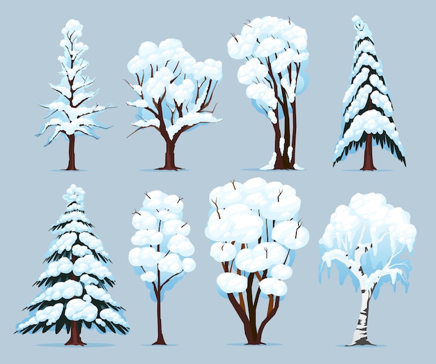 Free vector deciduous and coniferous species trees with snow covered branches winter set at blue background isolated vector illustration