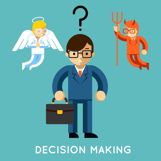 Decision making. Businessman with angel and demon. Choice good and bad, conflict dilemma