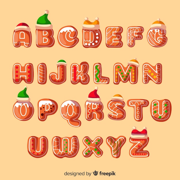 Decorated gingerbread alphabet with hats