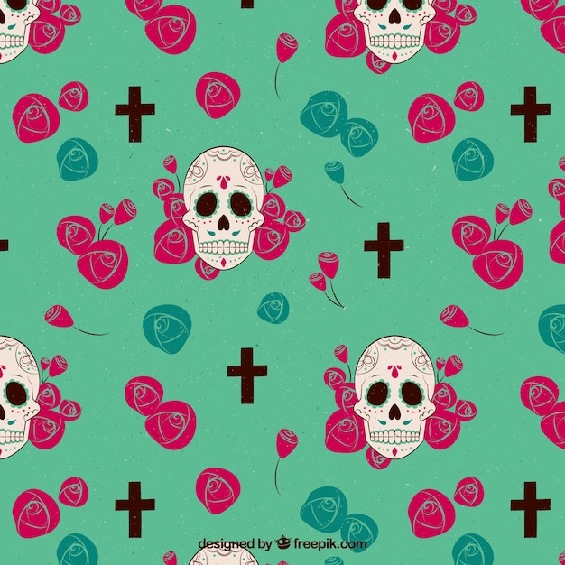 Decorative background of flowers and crosses with mexican skulls