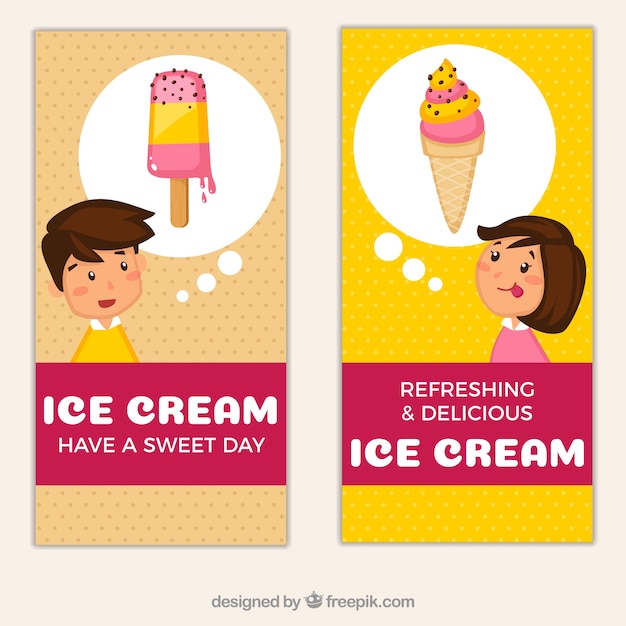 Free Vector decorative cards with kids and ice creams