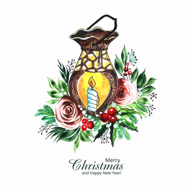 Decorative christmas lantern with a candle on spruce branch card design