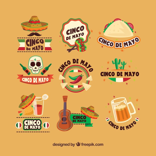 Free vector decorative cinco de mayo labels in flat design