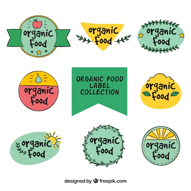 Free Vector decorative hand-drawn organic food stickers