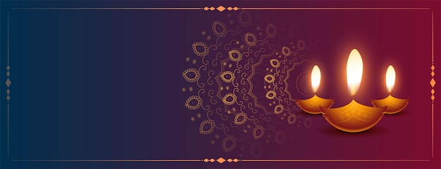 Free vector decorative happy diwali glowing diya banner design