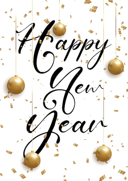 Decorative Happy New Year background with confetti and hanging baubles