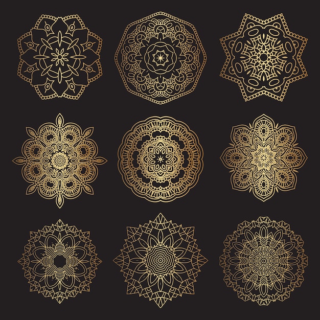 Decorative mandala designs in gold and black