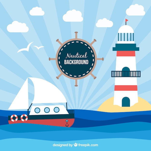 Decorative nautical background with ship and lighthouse