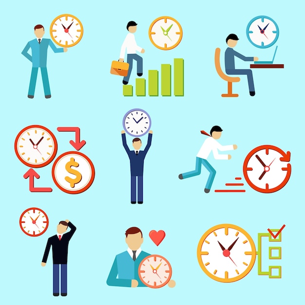 Decorative set of flat time management icons with working people vector illustration