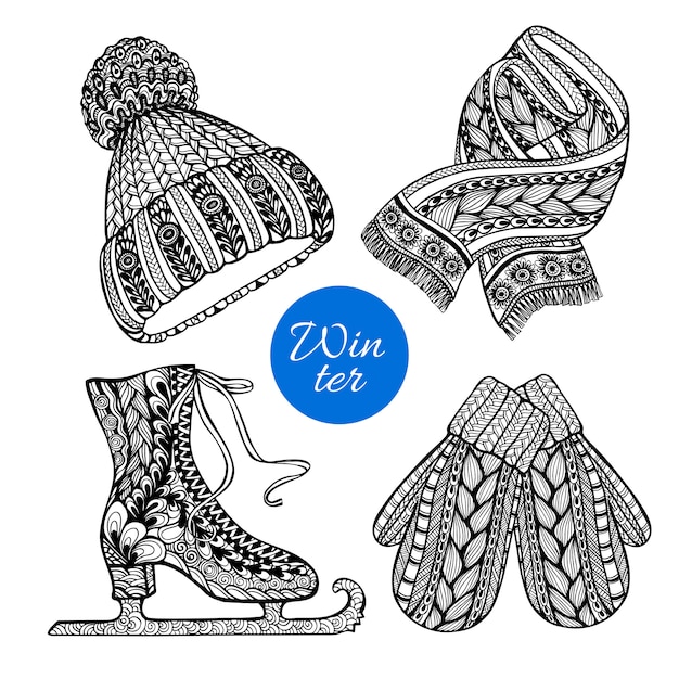 Decorative skates mittens scarf doodle icons