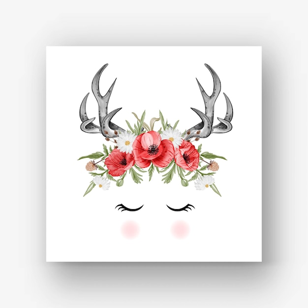 Free Vector deer antlers flower red poppy watercolor illustration