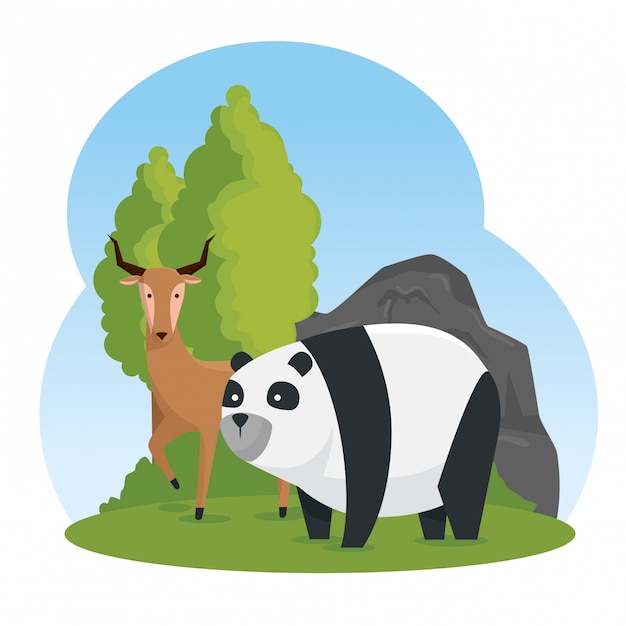 Deer and panda wild animals with trees