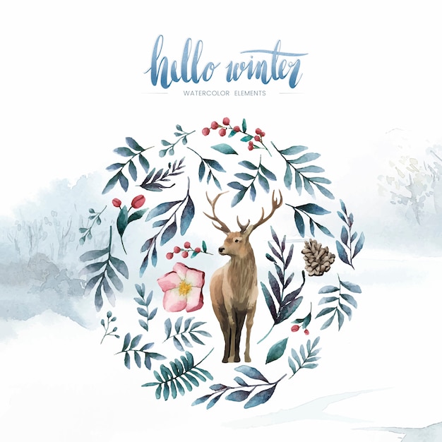 Free vector deer surrounded by winter bloom watercolor vector