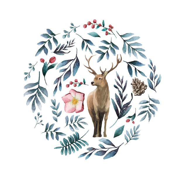 Free Vector deer surrounded by winter bloom watercolor vector