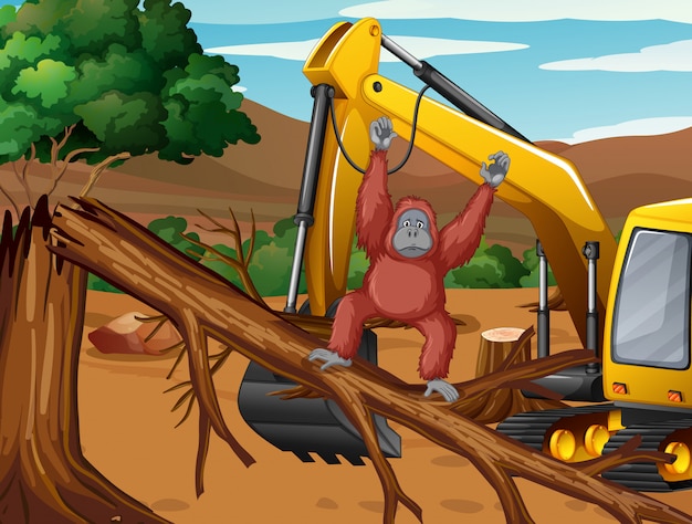 Free vector deforestation scene with monkey and tractor