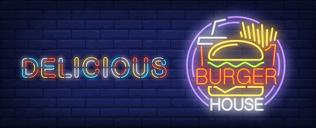 Free vector delicious burger house neon sign. french fries, coke and tasty burger.