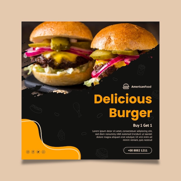 Free Vector delicious burger squared flyer template