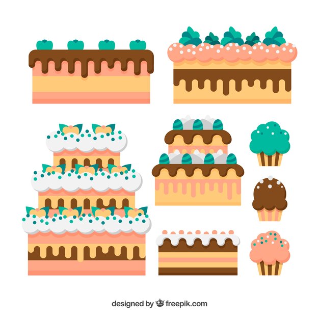 Delicious cakes collection in flat style