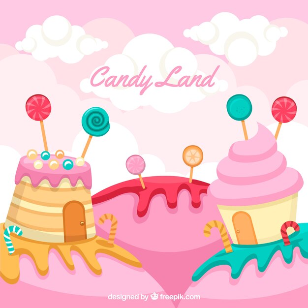 Delicious candy land background in flat style