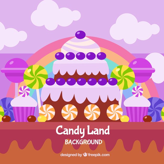 Delicious candy land background in flat style