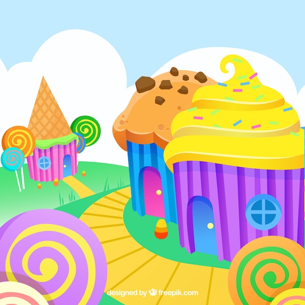 Free Vector delicious candy land background in flat style