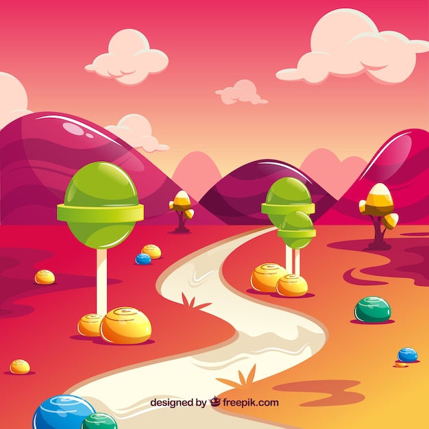 Delicious candy land background in flat style