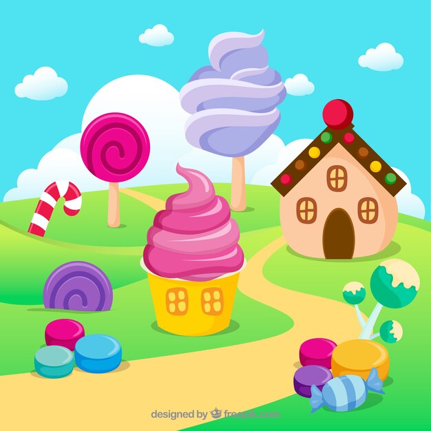 Delicious candy land background in flat style