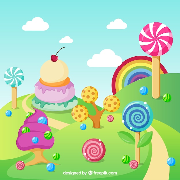 Delicious candy land background in flat style