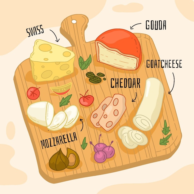 Free vector delicious cheese on wooden board illustrated