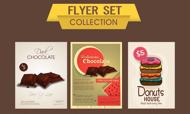 Free Vector  delicious chocolate and sweet donuts flyer, template or banner set, food and drink concept