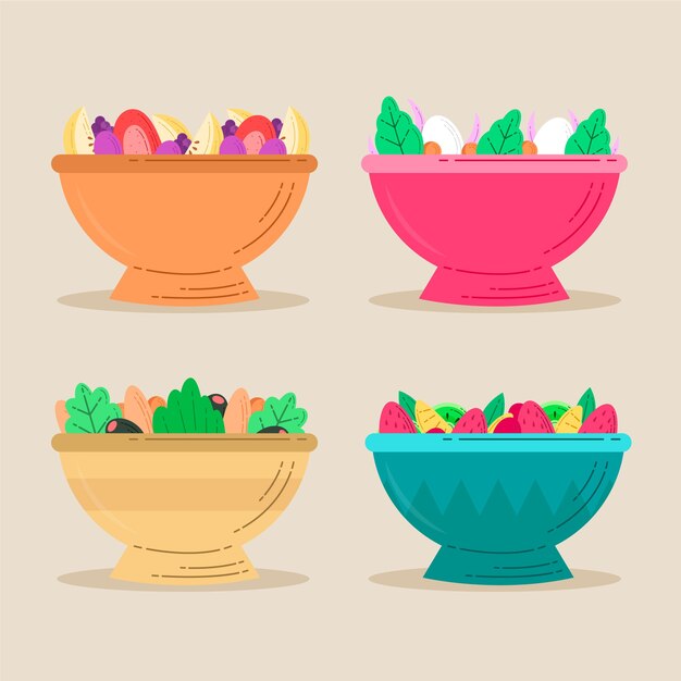 Delicious fruit and salad in coloured bowls