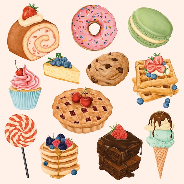 Free Vector delicious hand painted desserts set